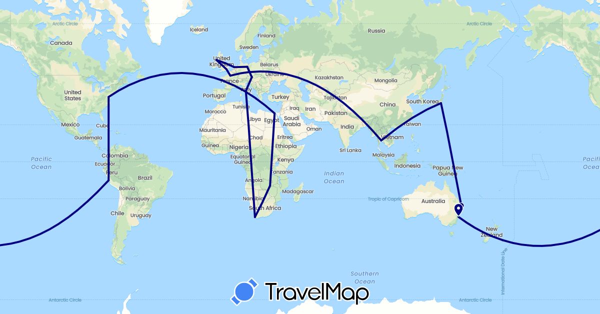 TravelMap itinerary: driving in Austria, Australia, Germany, Egypt, France, United Kingdom, Italy, Japan, Netherlands, New Zealand, Peru, Thailand, United States, South Africa, Zambia (Africa, Asia, Europe, North America, Oceania, South America)